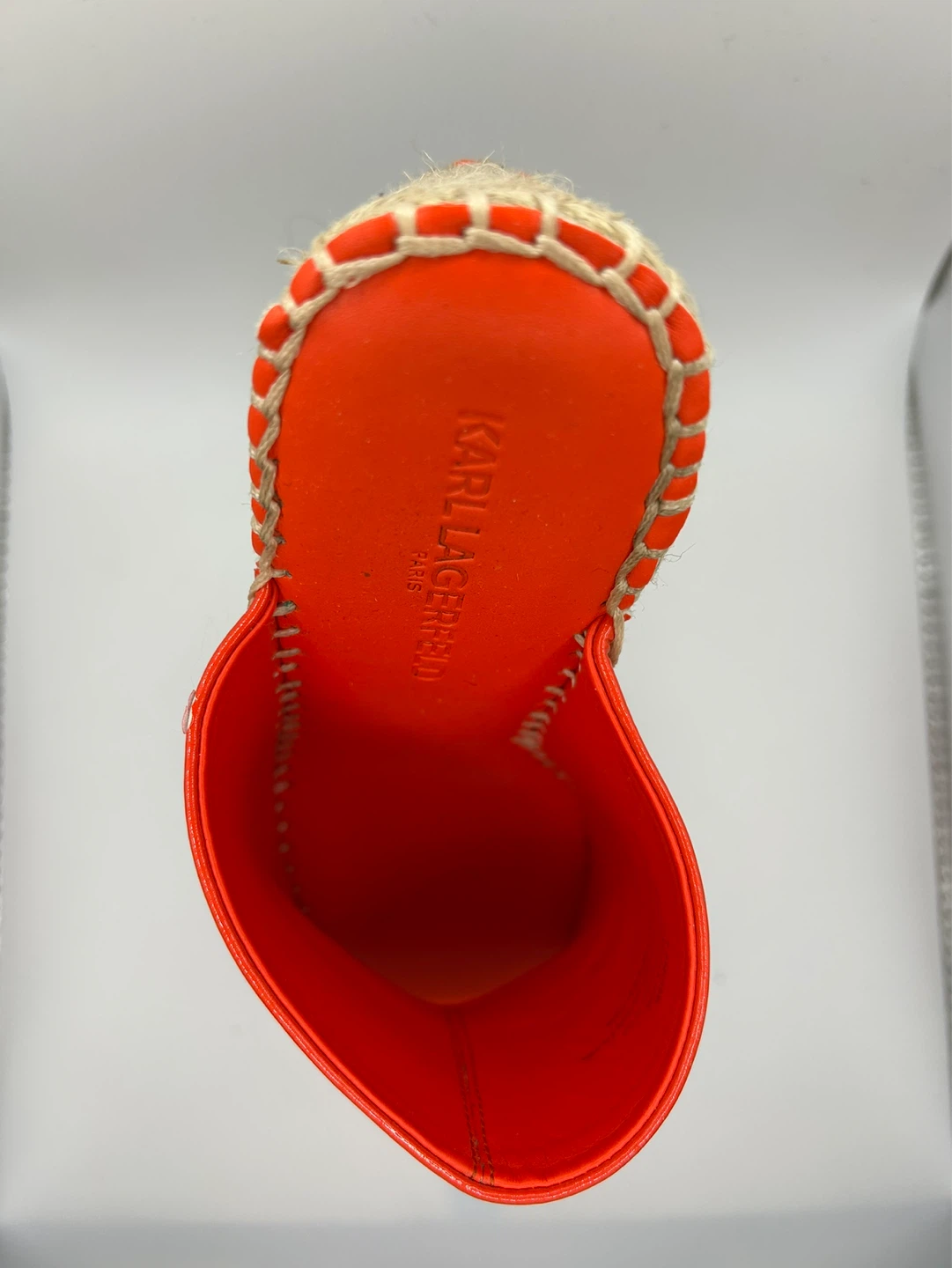 7.5 - NEW! KARL LAGERFELD Orange Patent Espadrille Wedge Mules - photo 5
