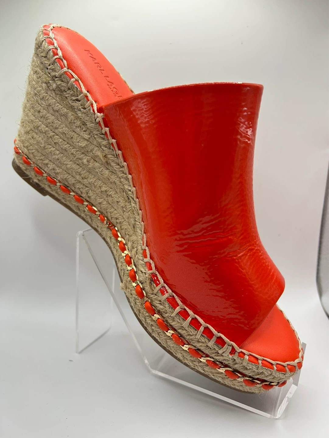 7.5 - NEW! KARL LAGERFELD Orange Patent Espadrille Wedge Mules - photo 3