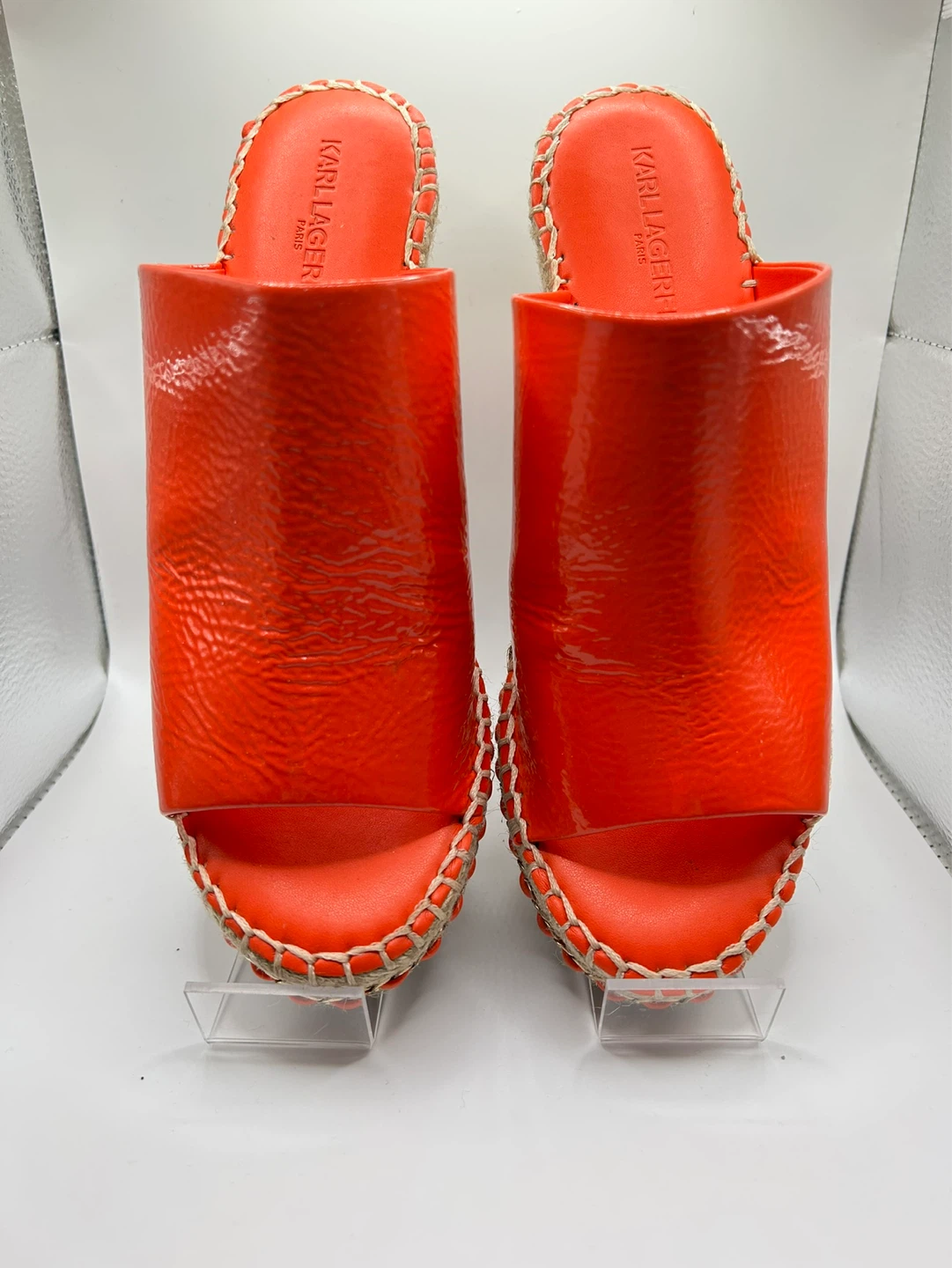 7.5 - NEW! KARL LAGERFELD Orange Patent Espadrille Wedge Mules - photo 4