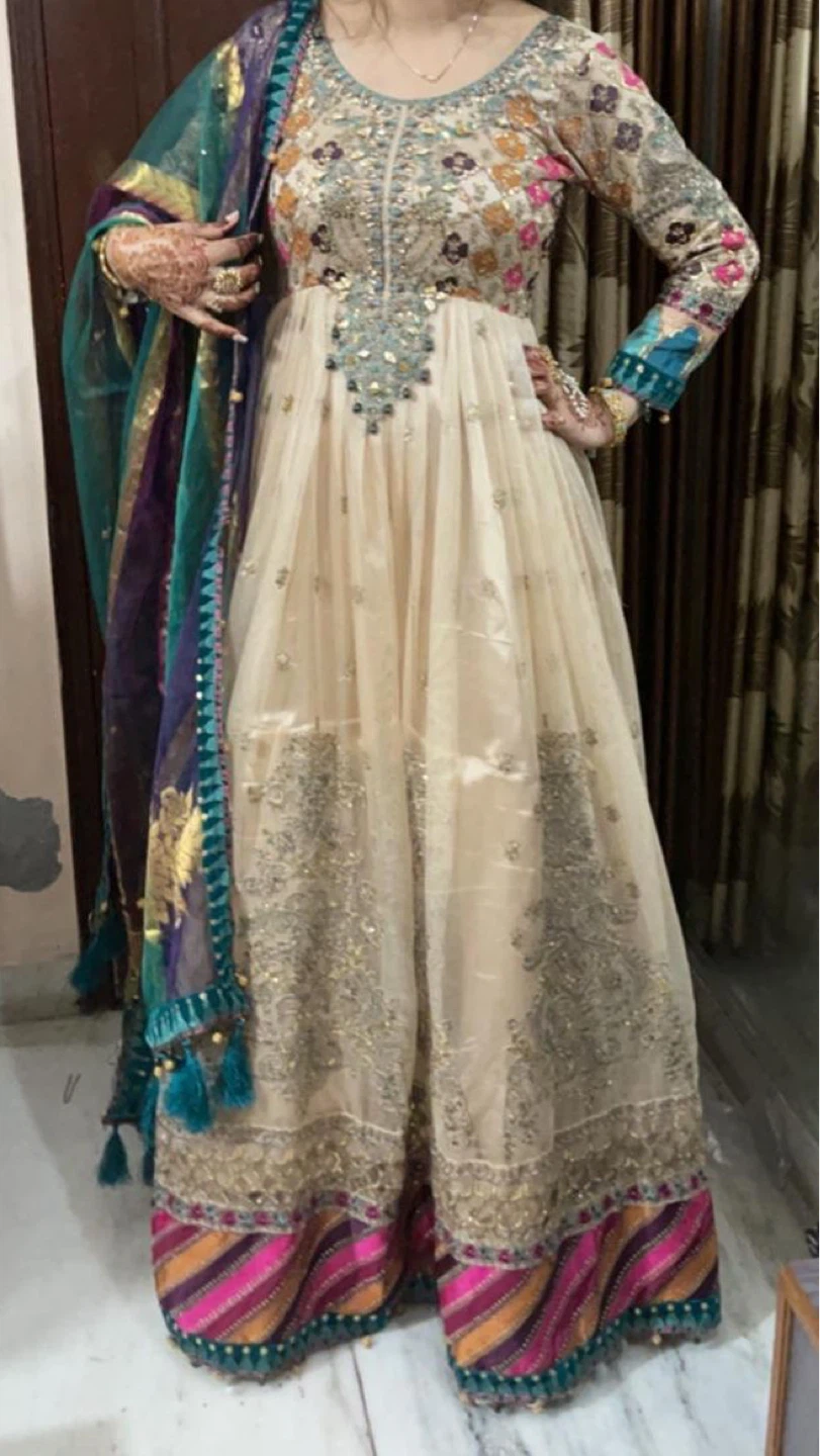Beige Embroidered Anarkali Dress with Dupatta