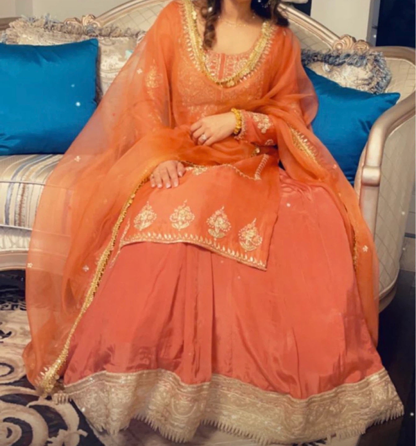 Orange embroidered shalwar kameez with dupatta