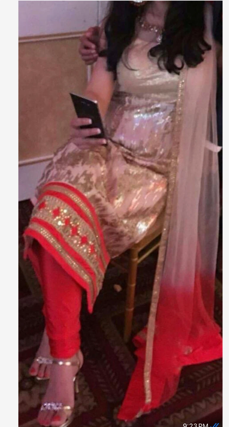 Gold Sequin Kurti with Red Pants and Dupatta