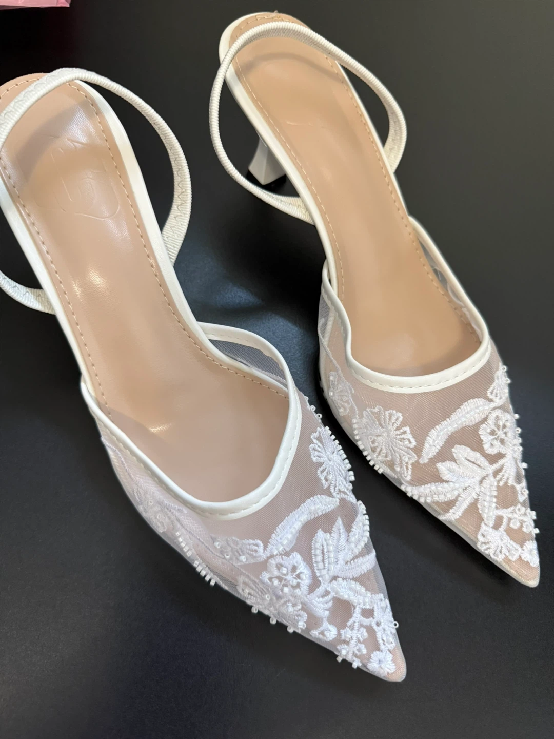 New Bridal White Mesh Embroidered Slingback Heels - photo 2