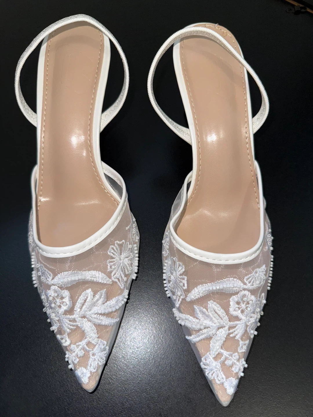 New Bridal White Mesh Embroidered Slingback Heels