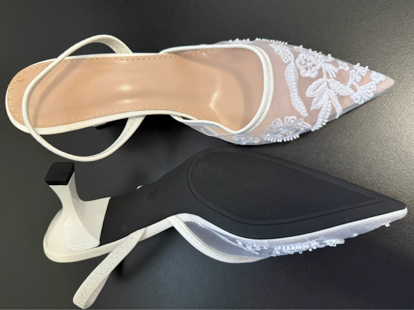 New Bridal White Mesh Embroidered Slingback Heels - photo 4