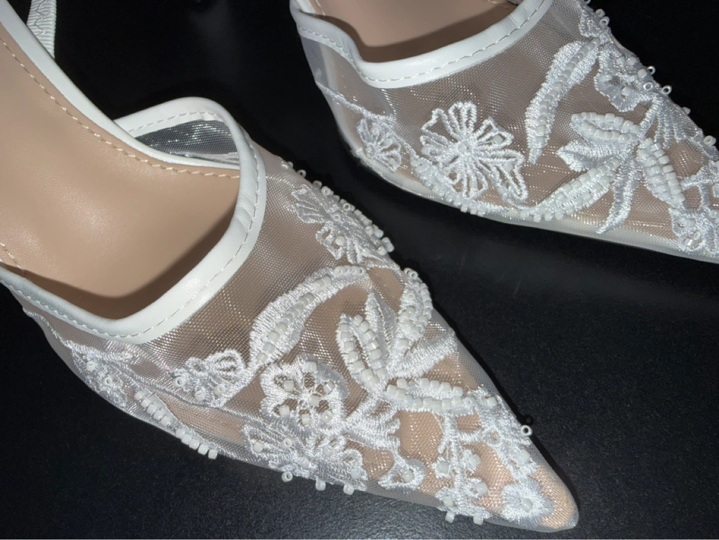 New Bridal White Mesh Embroidered Slingback Heels - photo 3