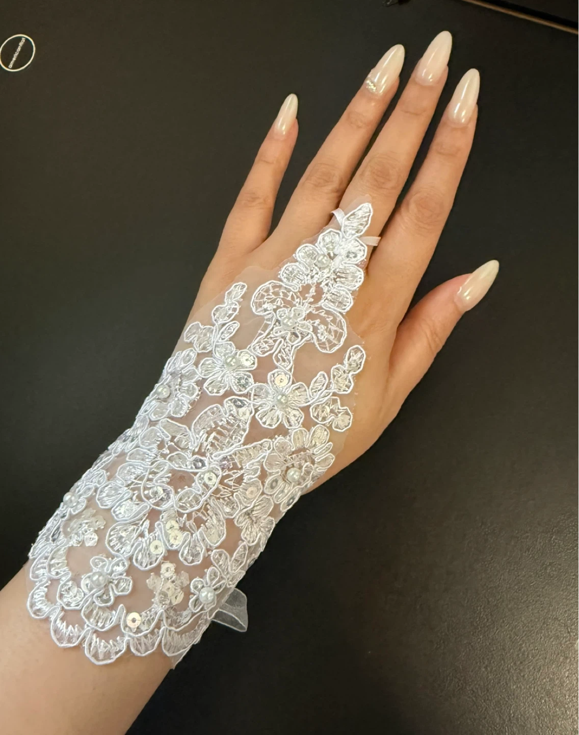 White Lace Fingerless Gloves with Sequins and Beads
