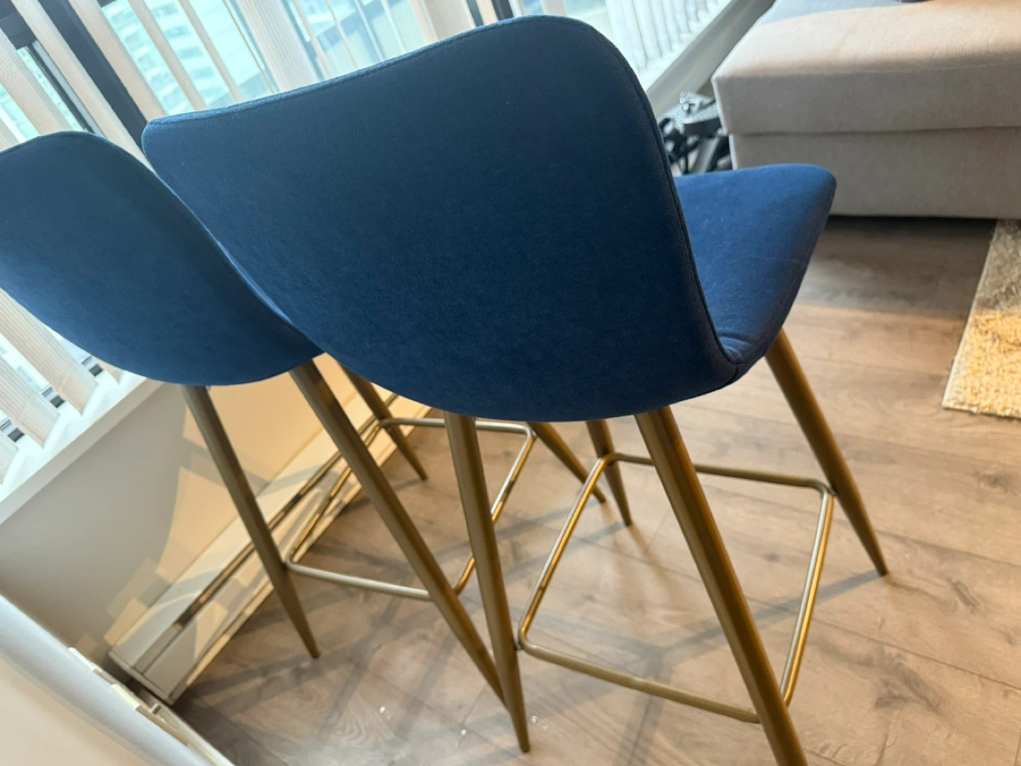 Pair of Blue Upholstered Bar Stools with Gold Legs - photo 3