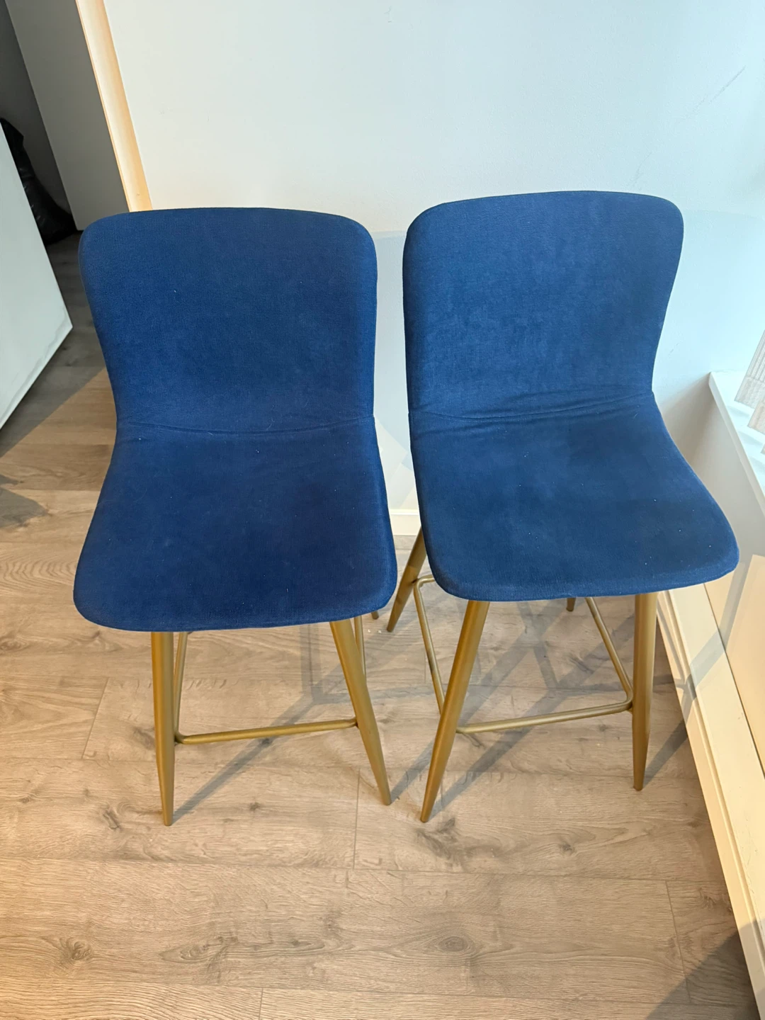 Pair of Blue Upholstered Bar Stools with Gold Legs