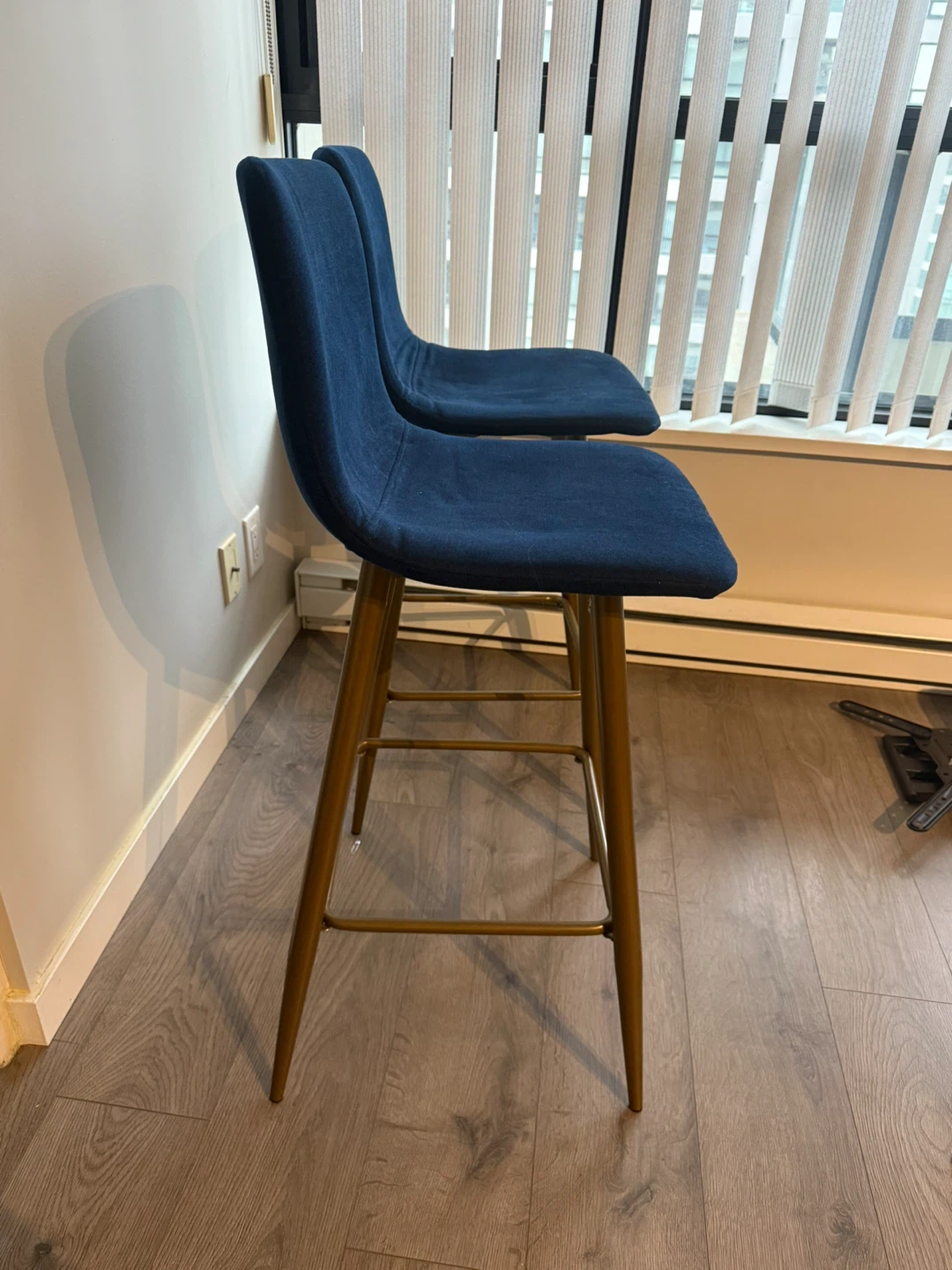 Pair of Blue Upholstered Bar Stools with Gold Legs - photo 2