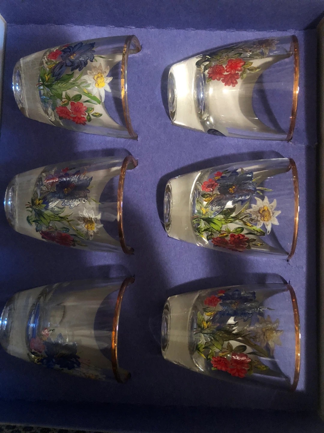 Set of 6 Floral Shot Glasses with Gold Rim