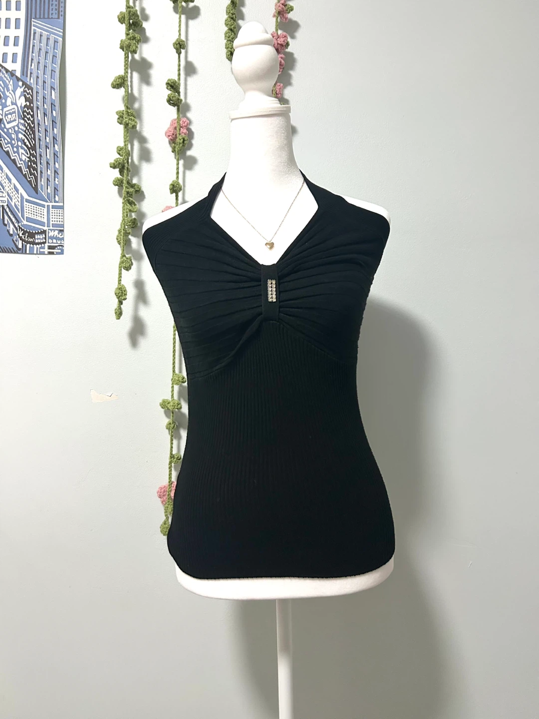 Black Halter Top with Rhinestone Detail