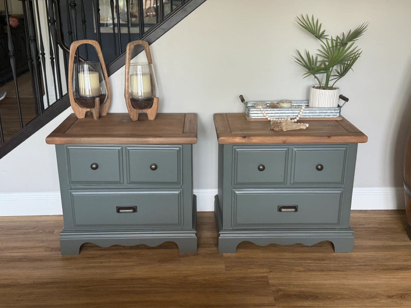 Pair of Sage Green & Wood Nightstands