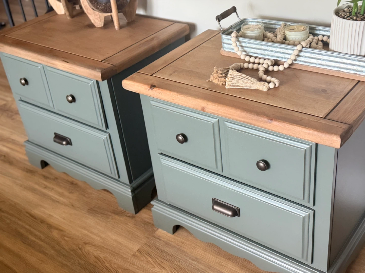Pair of Sage Green & Wood Nightstands - photo 2