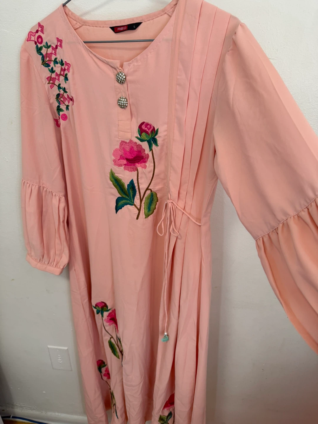 Pink Embroidered Dress with Balloon Sleeves - photo 3