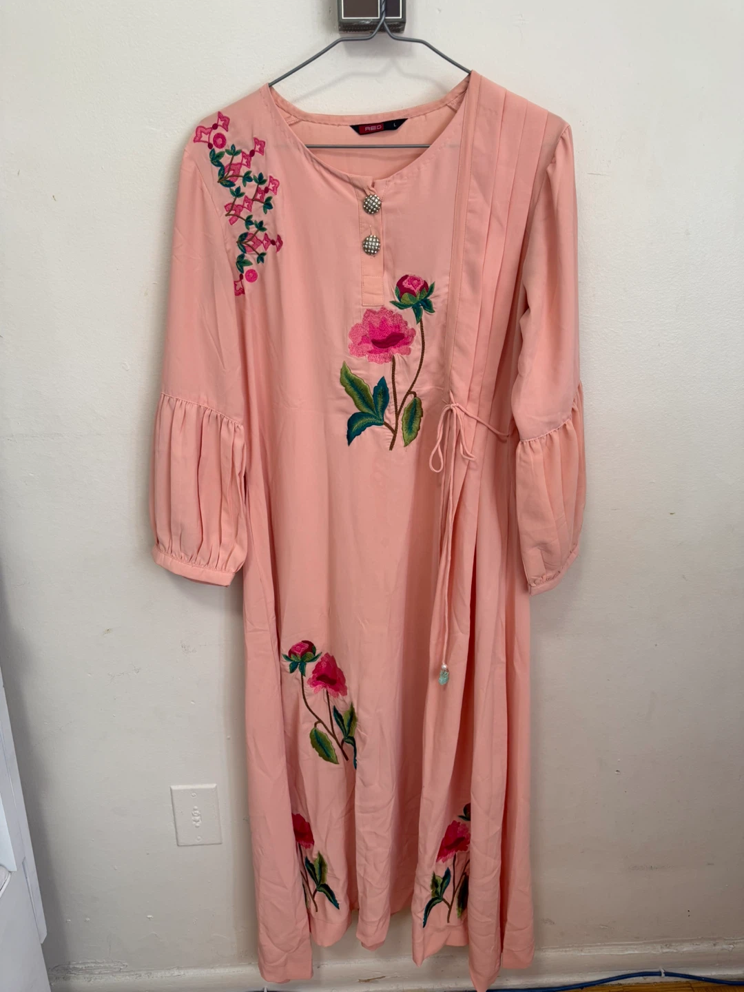 Pink Embroidered Dress with Balloon Sleeves