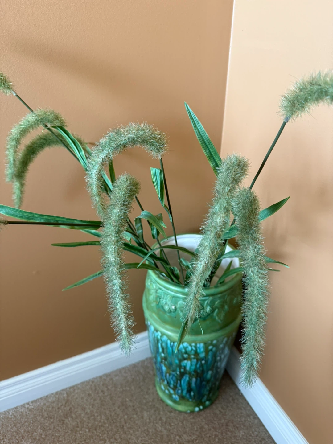 Green Ceramic Vase with Faux Greenery