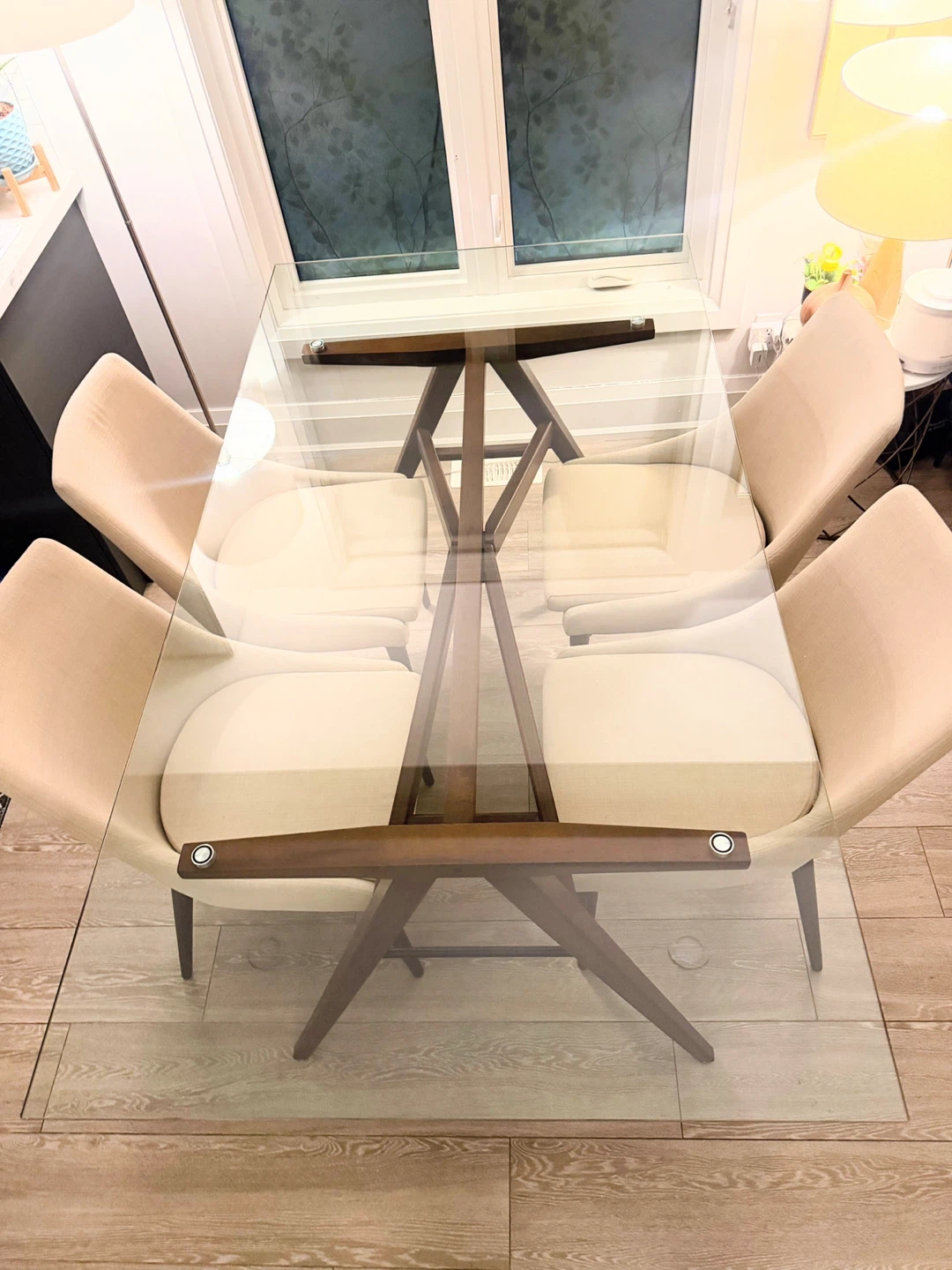 Glass Top Dining Table with Wooden Base