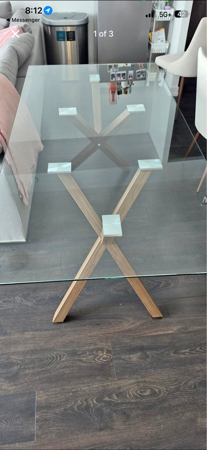 Glass modern dining Table with Wooden metal  look Base