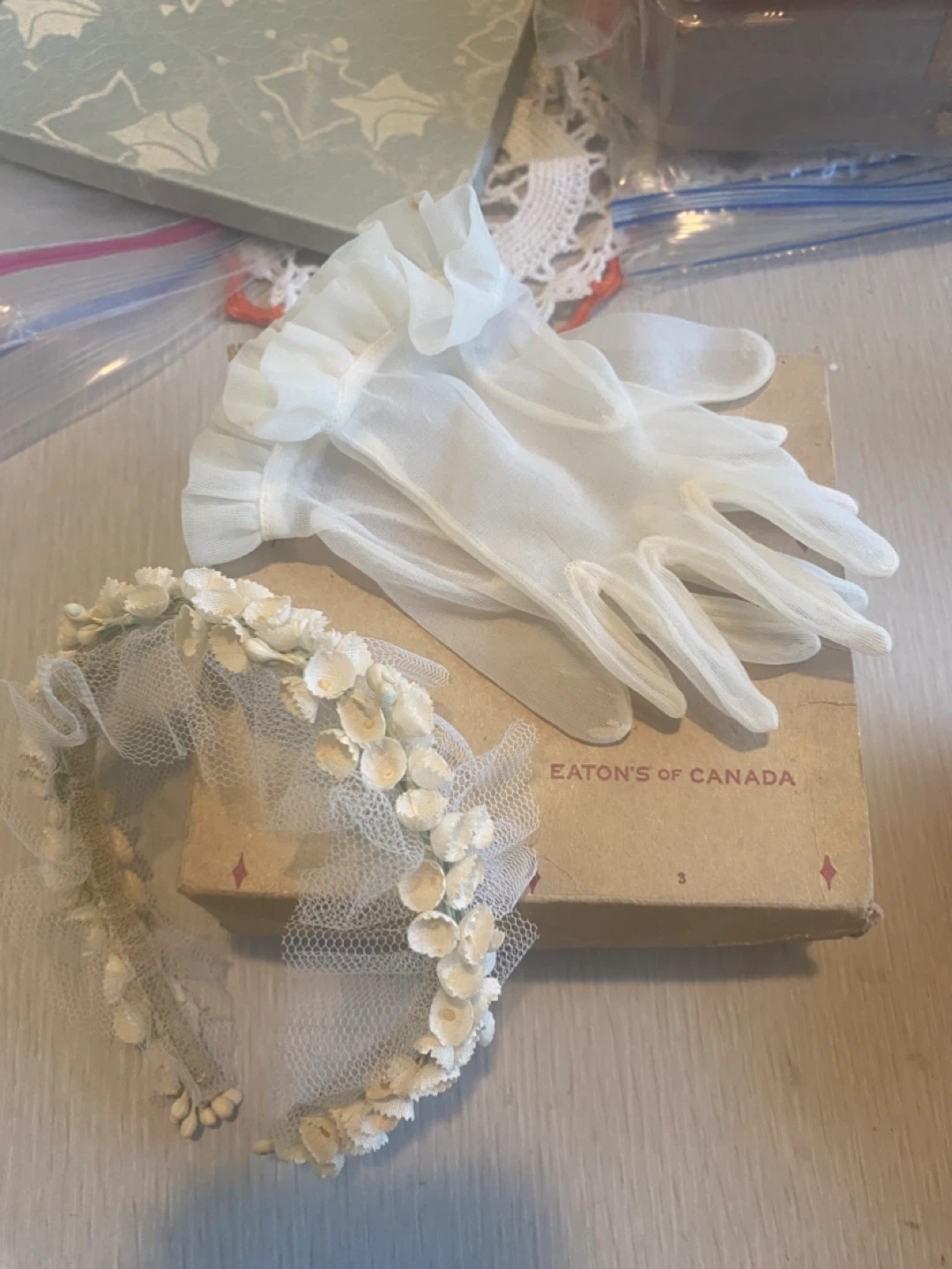 Vintage “Eaton’s of Canada” floral headpiece and gloves
