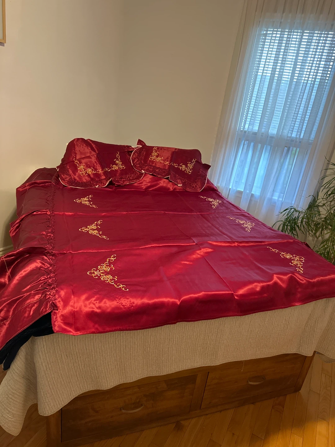 Red Satin Bedding Set with Gold Embroidery
