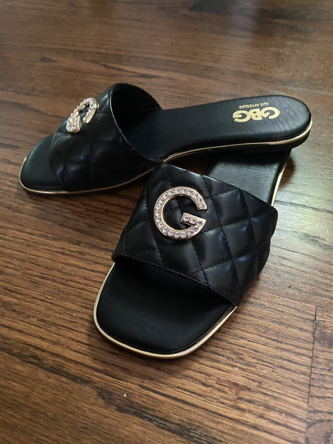 GBG Los Angeles Black Quilted Slide Sandals with Rhinestone 'G'