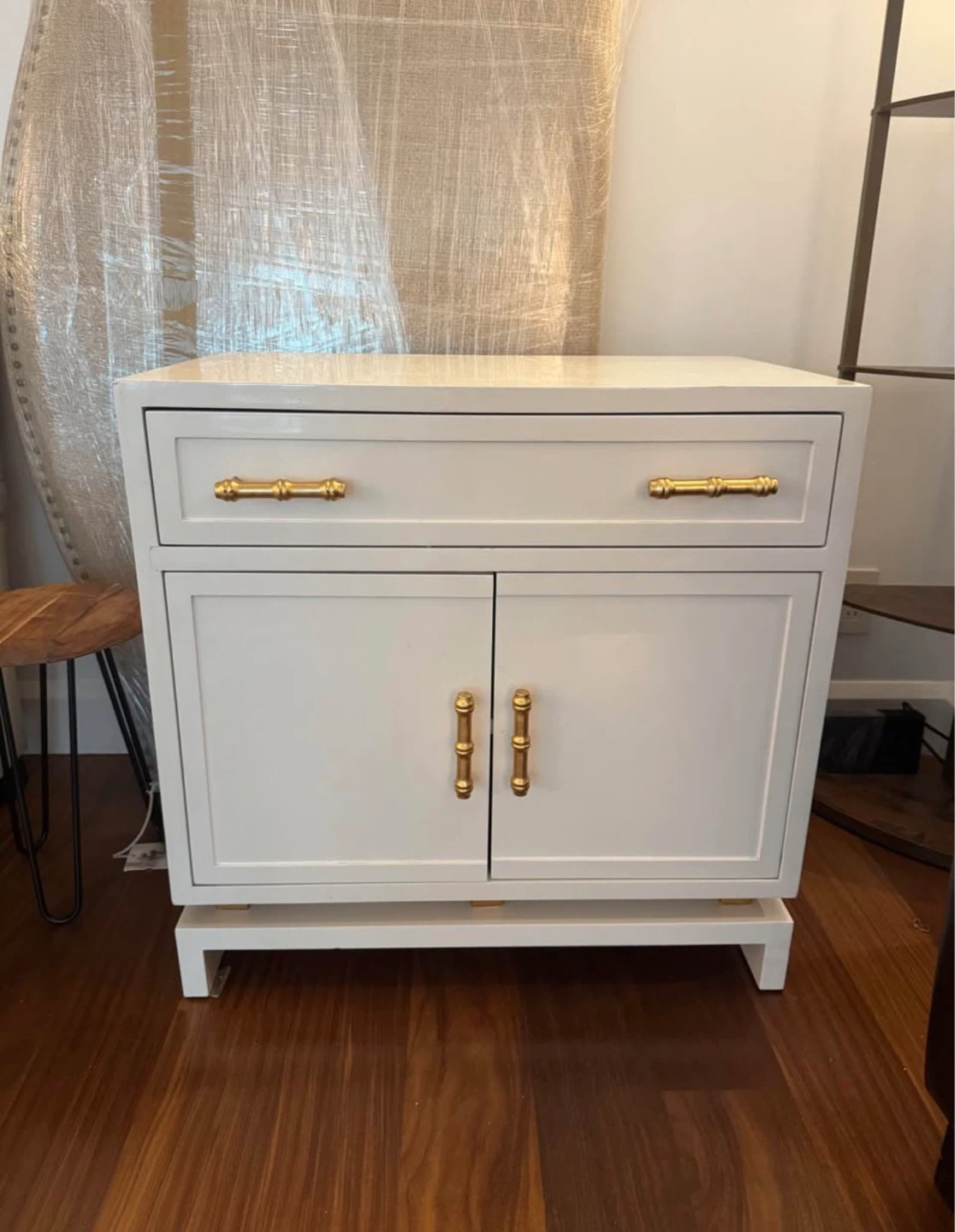 Worlds Away White Cabinet with Bamboo Drawer Pulls