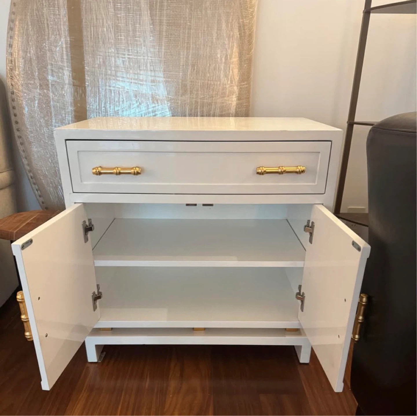 Worlds Away White Cabinet with Bamboo Drawer Pulls - photo 2