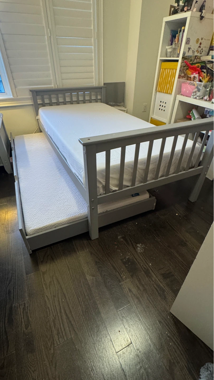 Twin Beds + Trundle + 3 Mattresses – Grey Kids Bedroom Set