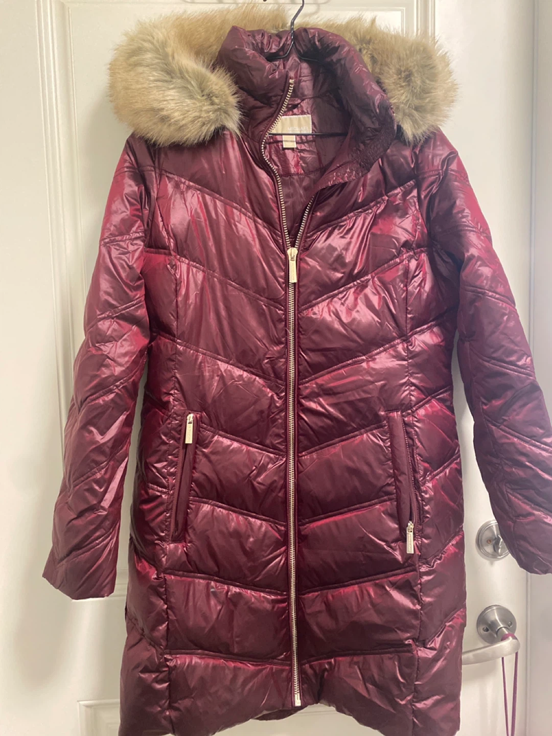 Michael Kors Burgundy Puffer Coat with Fur Trim