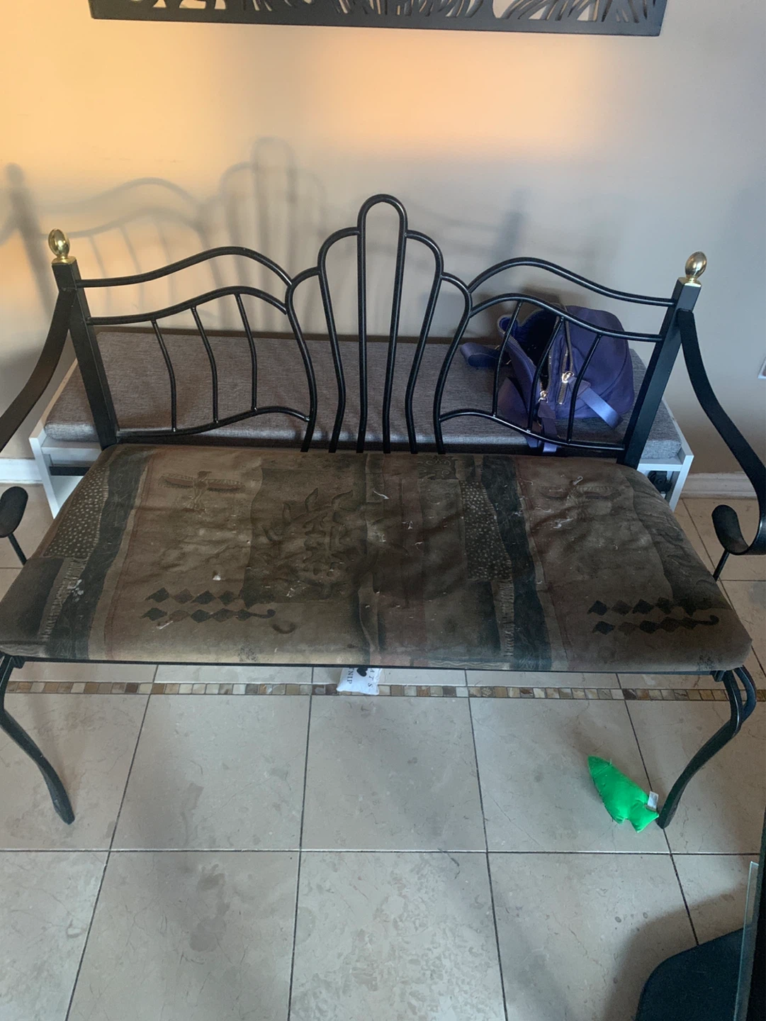 Ornate Metal Bench with Upholstered Seat
