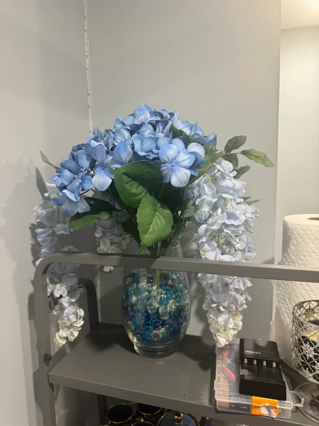 Blue Hydrangea Floral Arrangement in Glass Vase