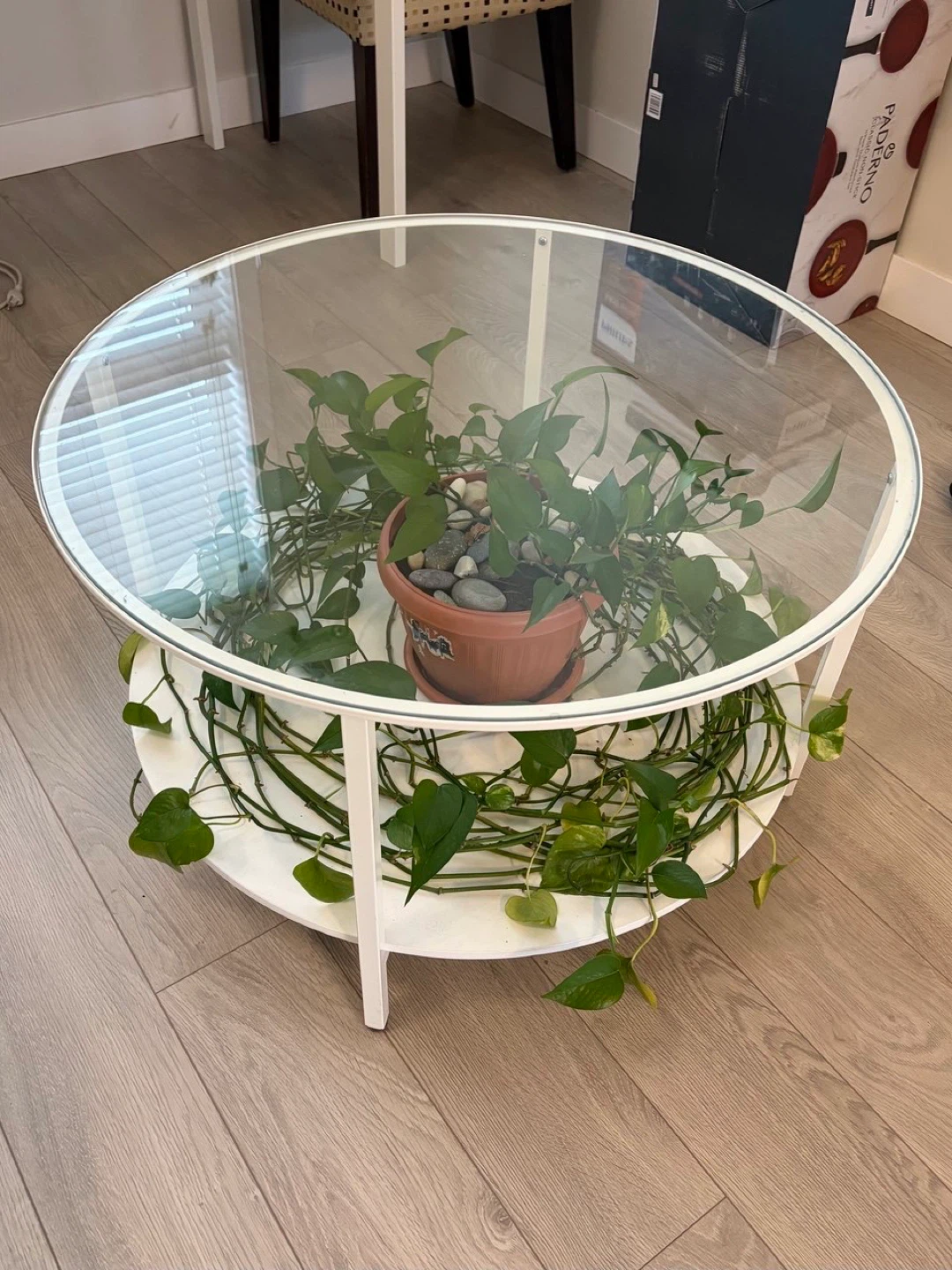 White coffee table with glass top