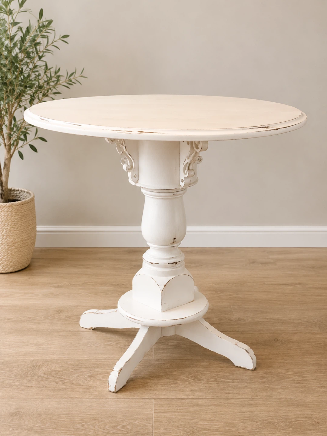 Distressed White Pedestal Dining Table with 2 Chairs - photo 2