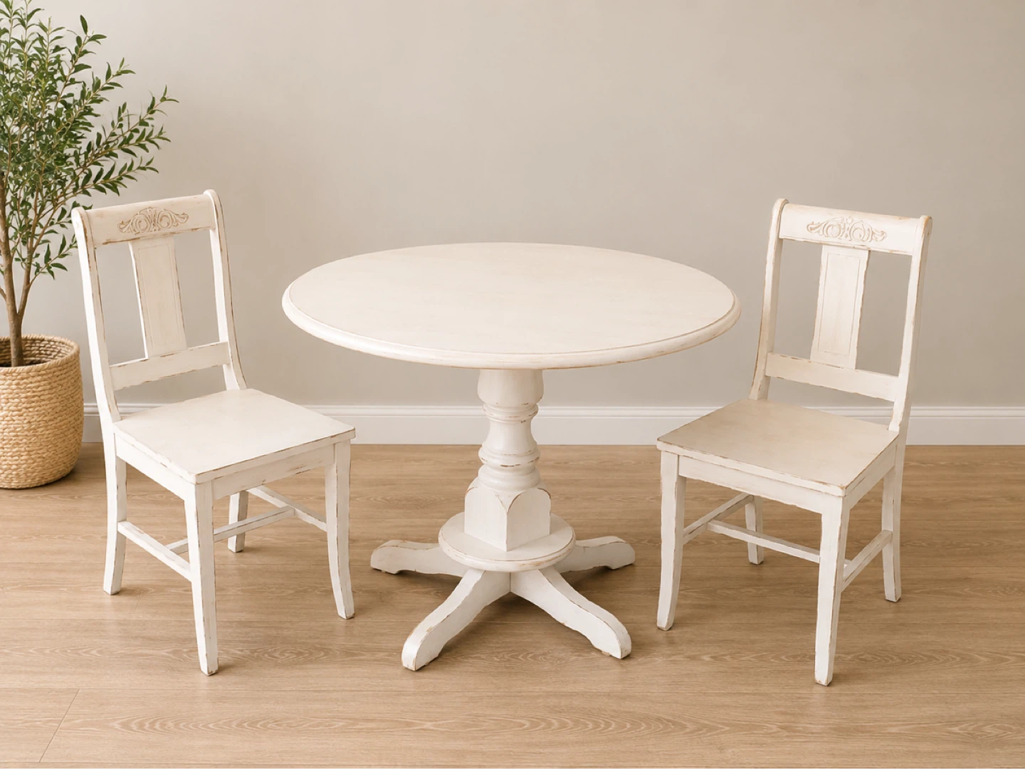 Distressed White Pedestal Dining Table with 2 Chairs