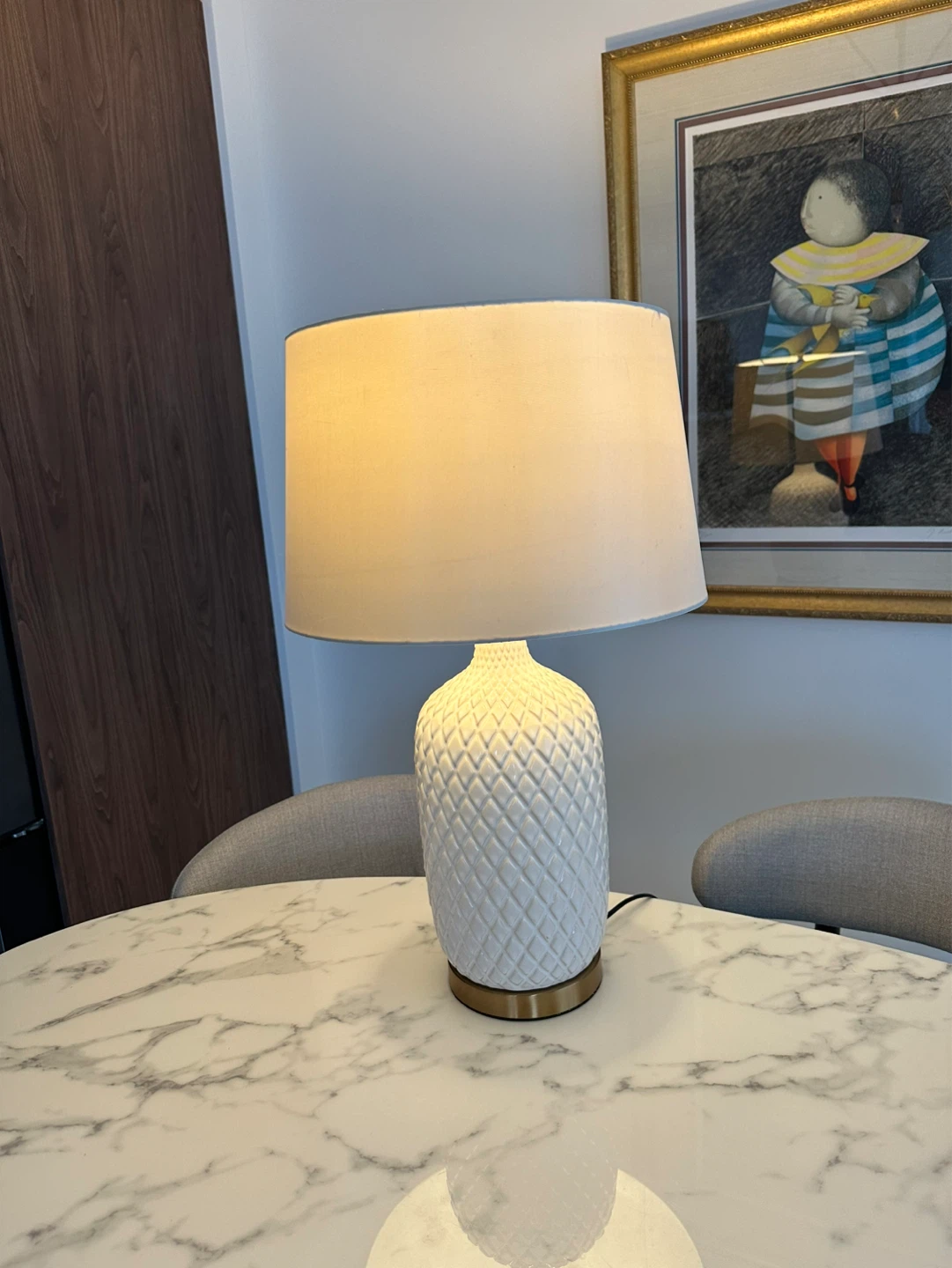 White Embossed Table Lamp with Gold Base
