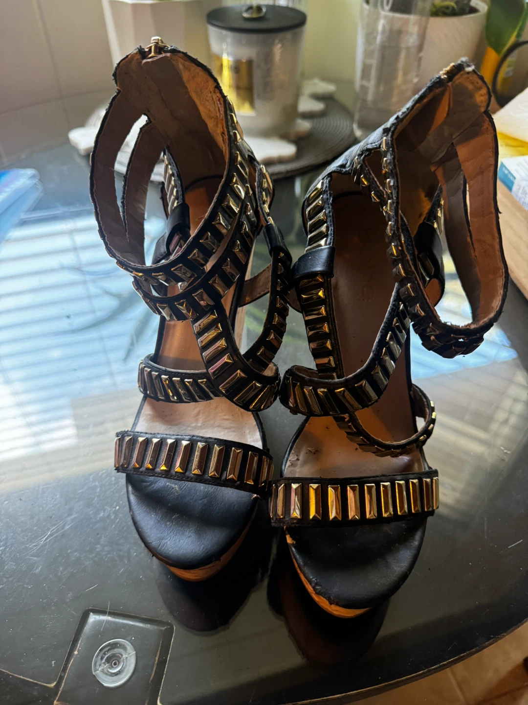 Bebe Black Wedge Sandals with Studs size 8