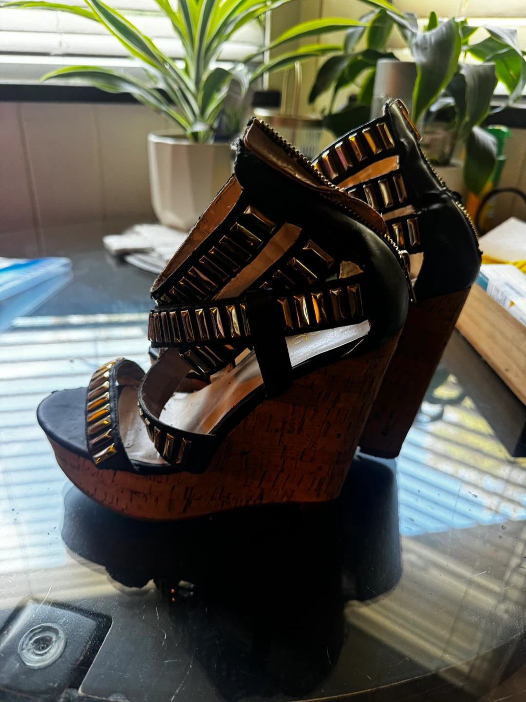 Bebe Black Wedge Sandals with Studs size 8 - photo 2