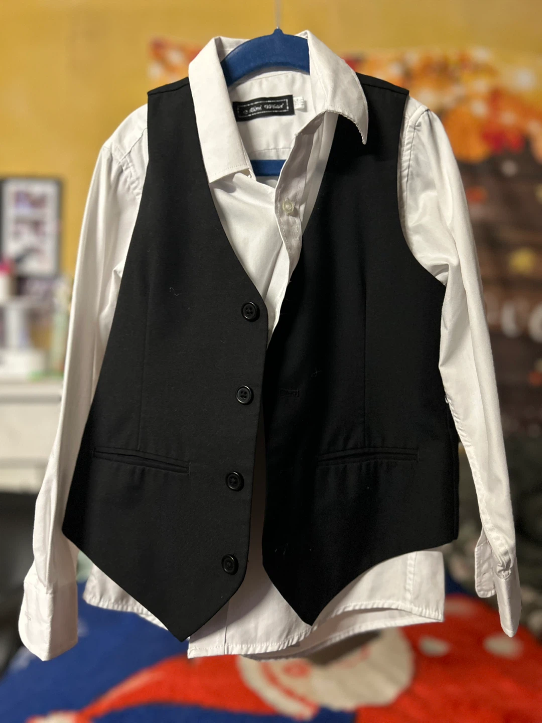 Mini World White Dress Shirt and Black Vest Set