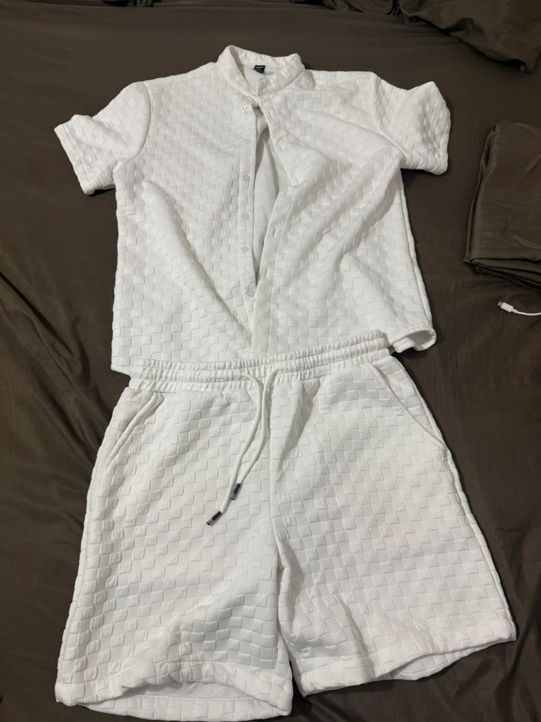 White Textured Short Sleeve Button-Up Shirt and Shorts Set