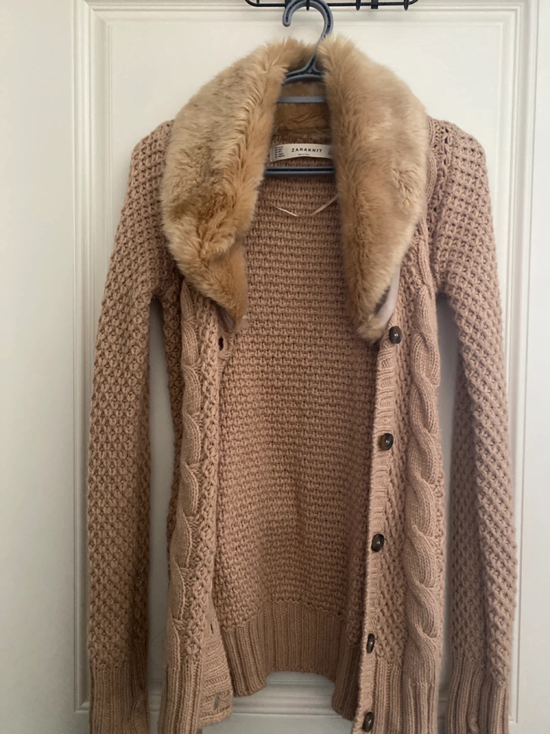 ZARA KNIT Cardigan with Faux Fur Collar