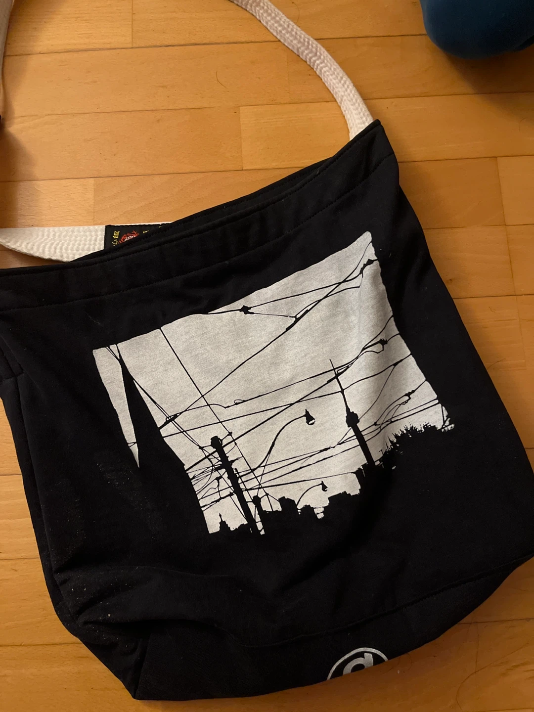 Black Canvas Shoulder Bag with Cityscape Graphic - photo 2