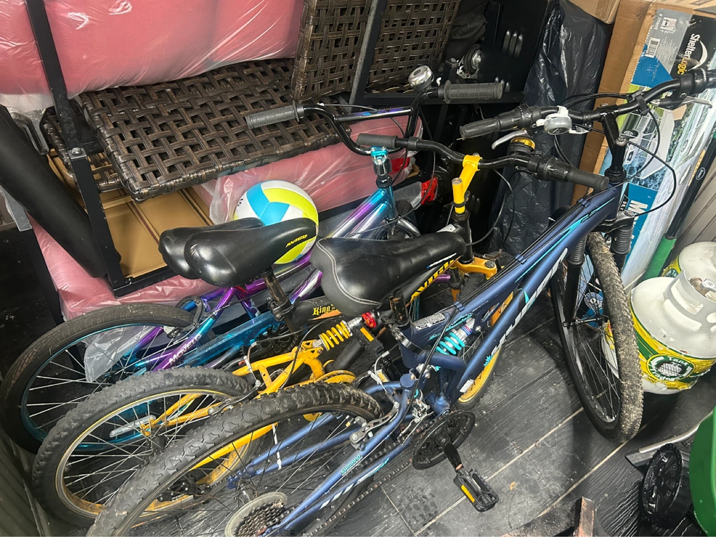 3 Mountain Bikes - Blue/Yellow and Blue/Purple and blue/blue