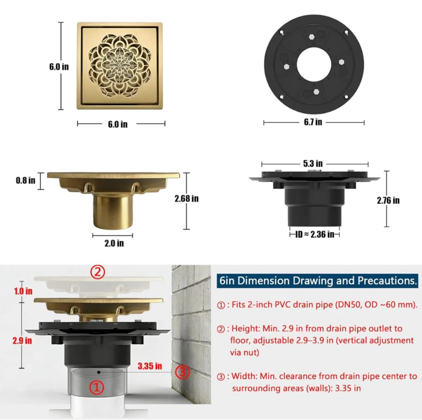 New 6 Inch Shower Floor Drain Kit Gold - photo 2