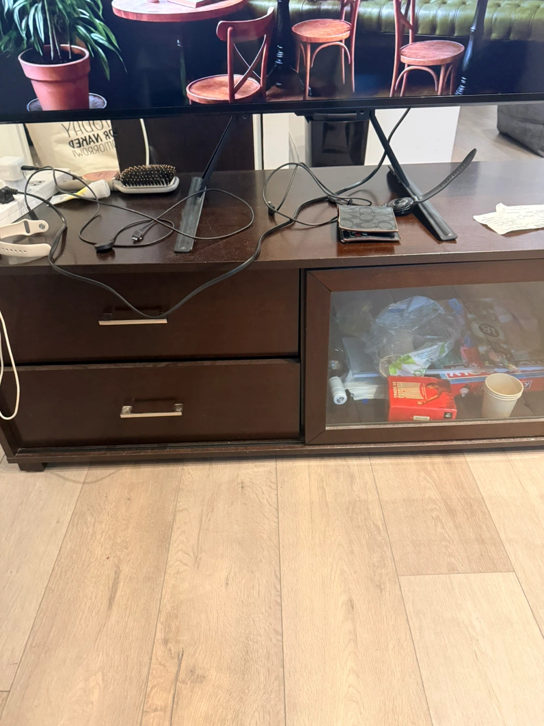 Dark Wood TV Stand with Glass Door Cabinet and Drawers - photo 2