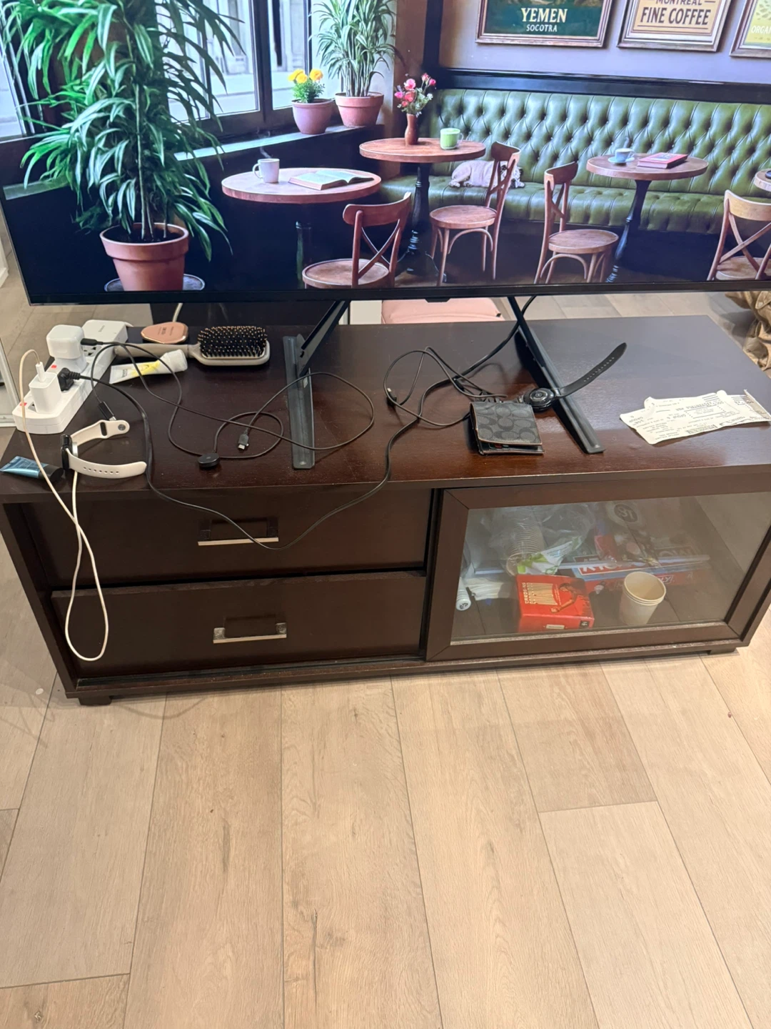 Dark Wood TV Stand with Glass Door Cabinet and Drawers