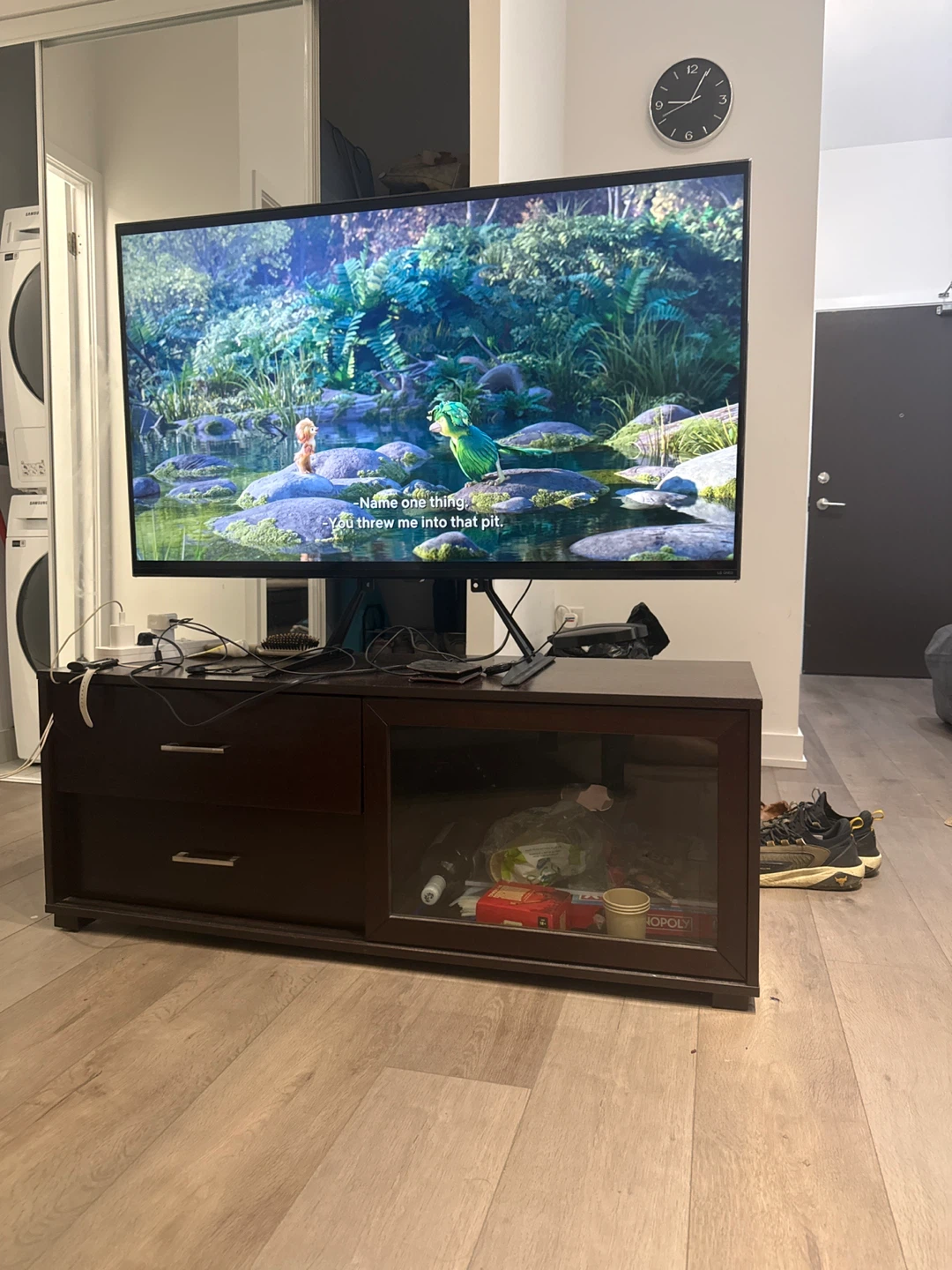 Dark Wood TV Stand with Glass Door Cabinet and Drawers - photo 5
