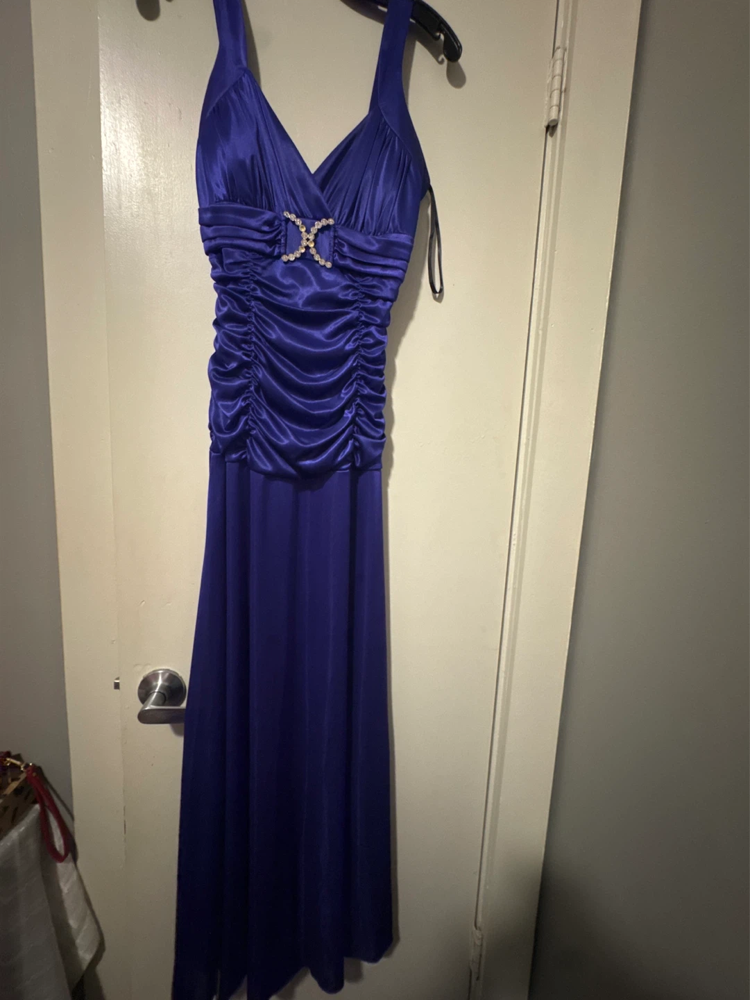 Royal Blue Ruched Gown with Rhinestone Accent