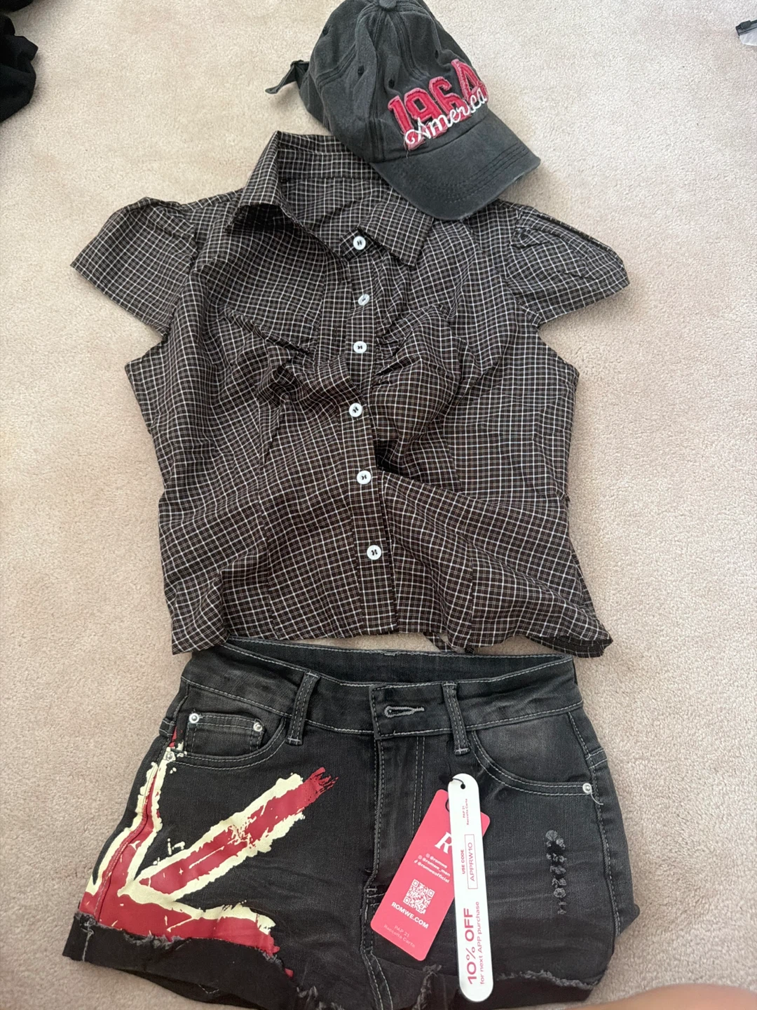 Plaid Button-Up Shirt and Distressed Denim Shorts Set