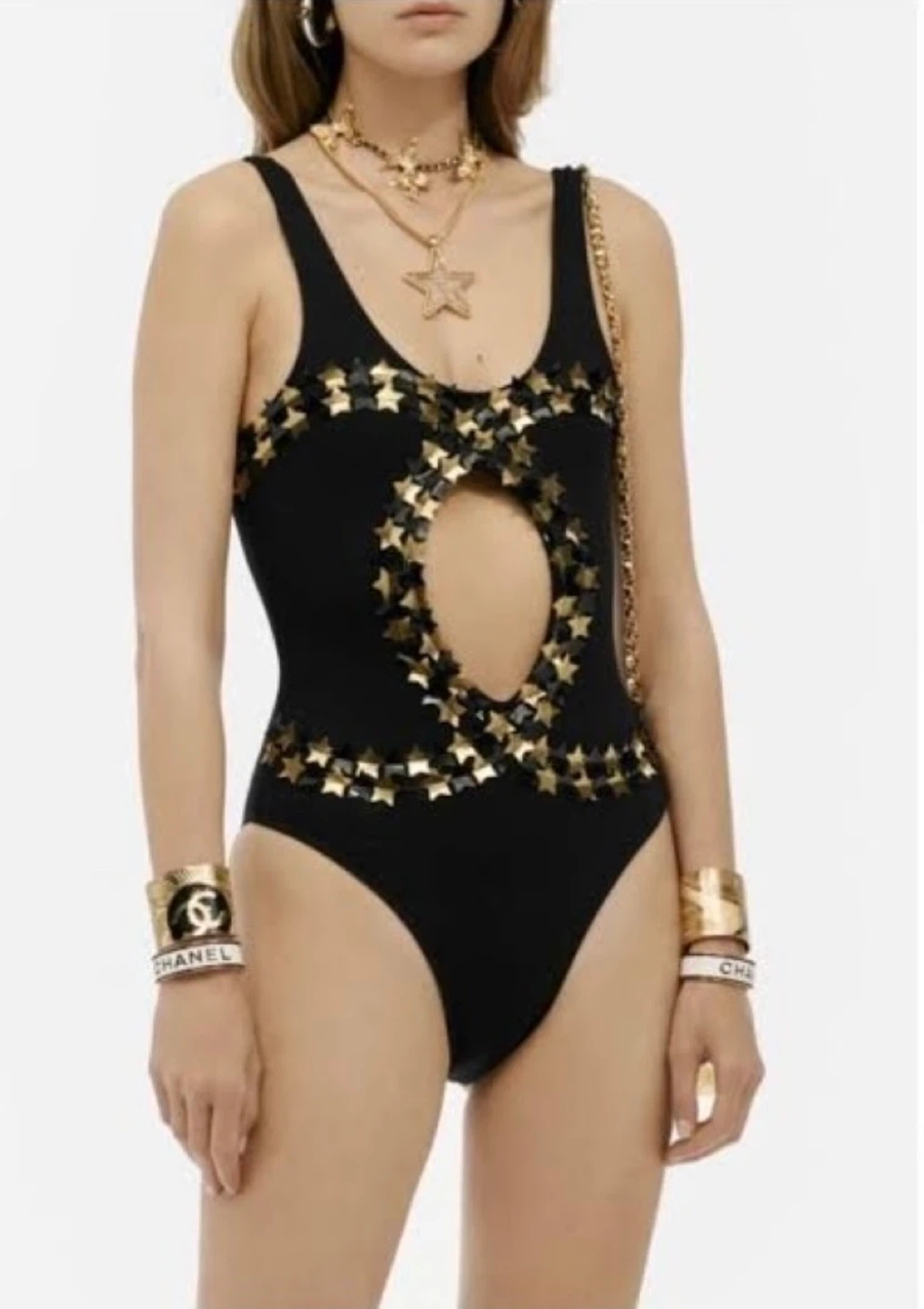 Chanel Black Swimsuit Size 38 with Star Embellishments
